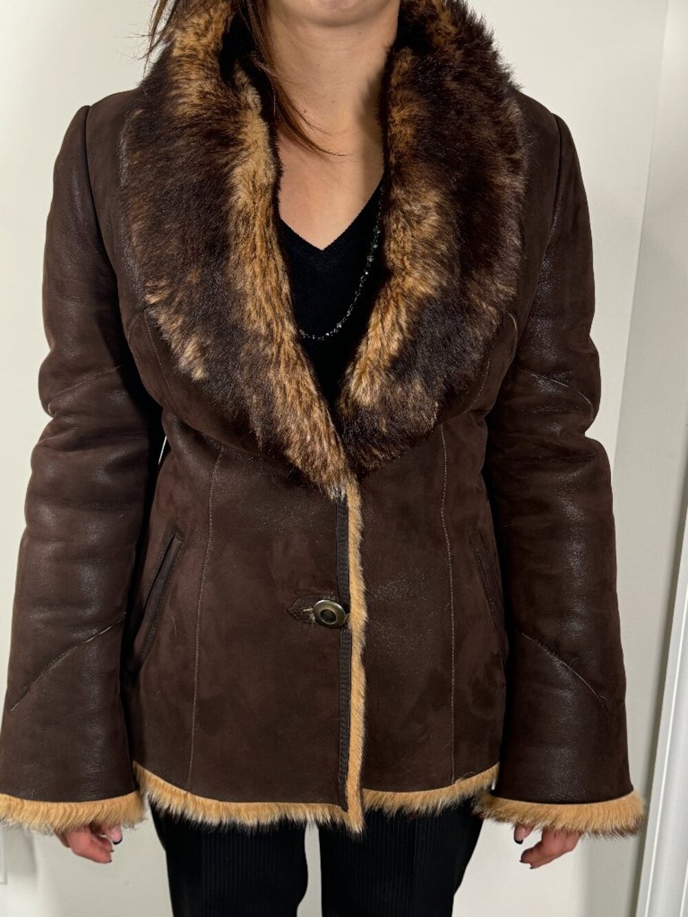 BRANCO PELLE Luxe Brown Tan Suede Genuine Shearling Coat Size Small - Picture 3 of 14